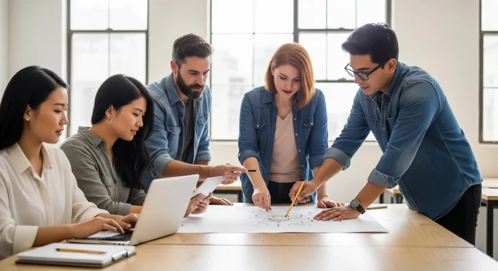 Una fotografía vibrante con personas diversas, de diferentes edades y etnias, colaborando activamente en un entorno moderno y luminoso, trabajando en estrategias digitales