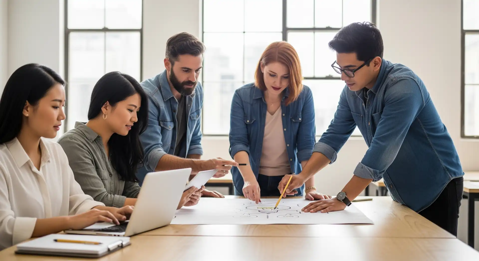 Una fotografía vibrante con personas diversas, de diferentes edades y etnias, colaborando activamente en un entorno moderno y luminoso, trabajando en estrategias digitales